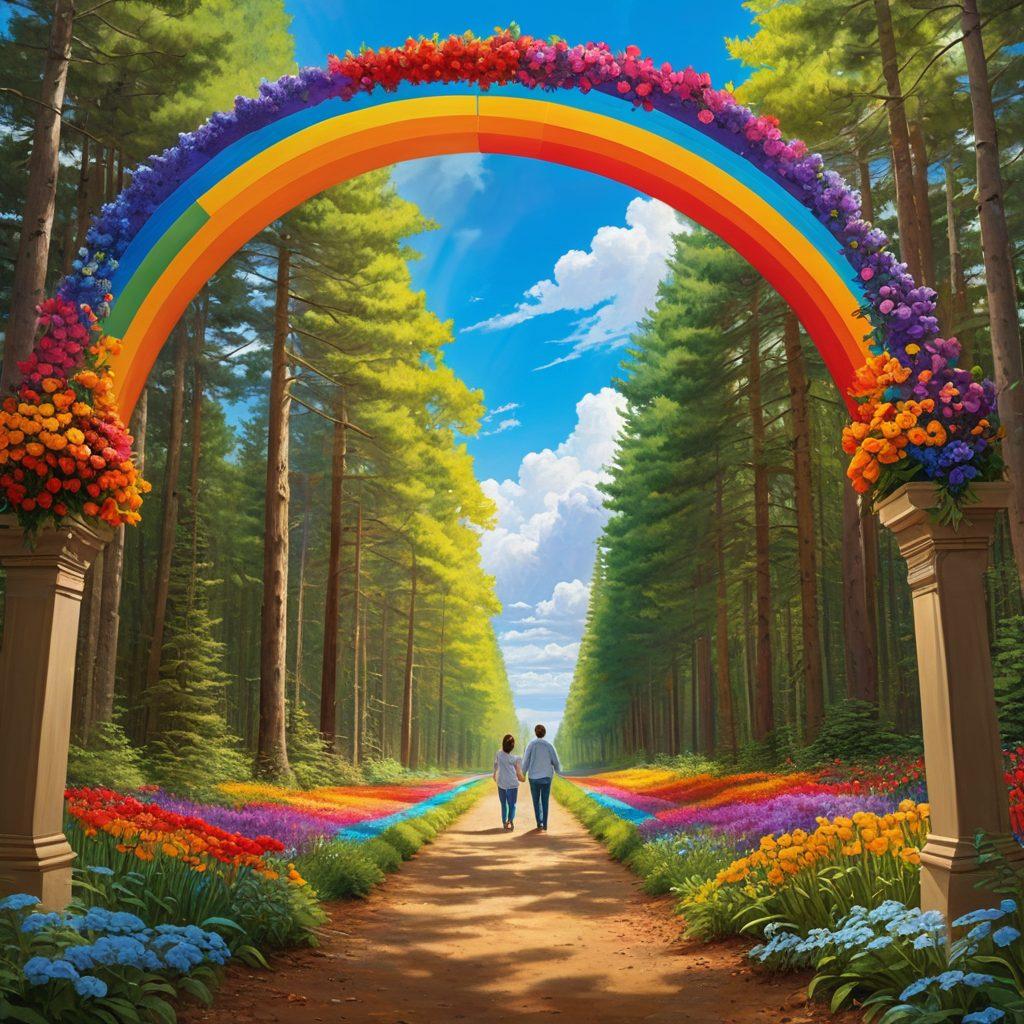 A vibrant rainbow pathway winding through a lush, sunlit forest, symbolizing the journey of acceptance to advocacy. Diverse individuals of various identities and ages hold hands, sharing joyful moments of love and unity under a colorful archway. Enveloping the scene are flowers blooming in all colors of the pride flag, representing growth and celebration. The sky above is bright blue, dotted with soft fluffy clouds, creating a hopeful atmosphere. vibrant colors. super-realistic.