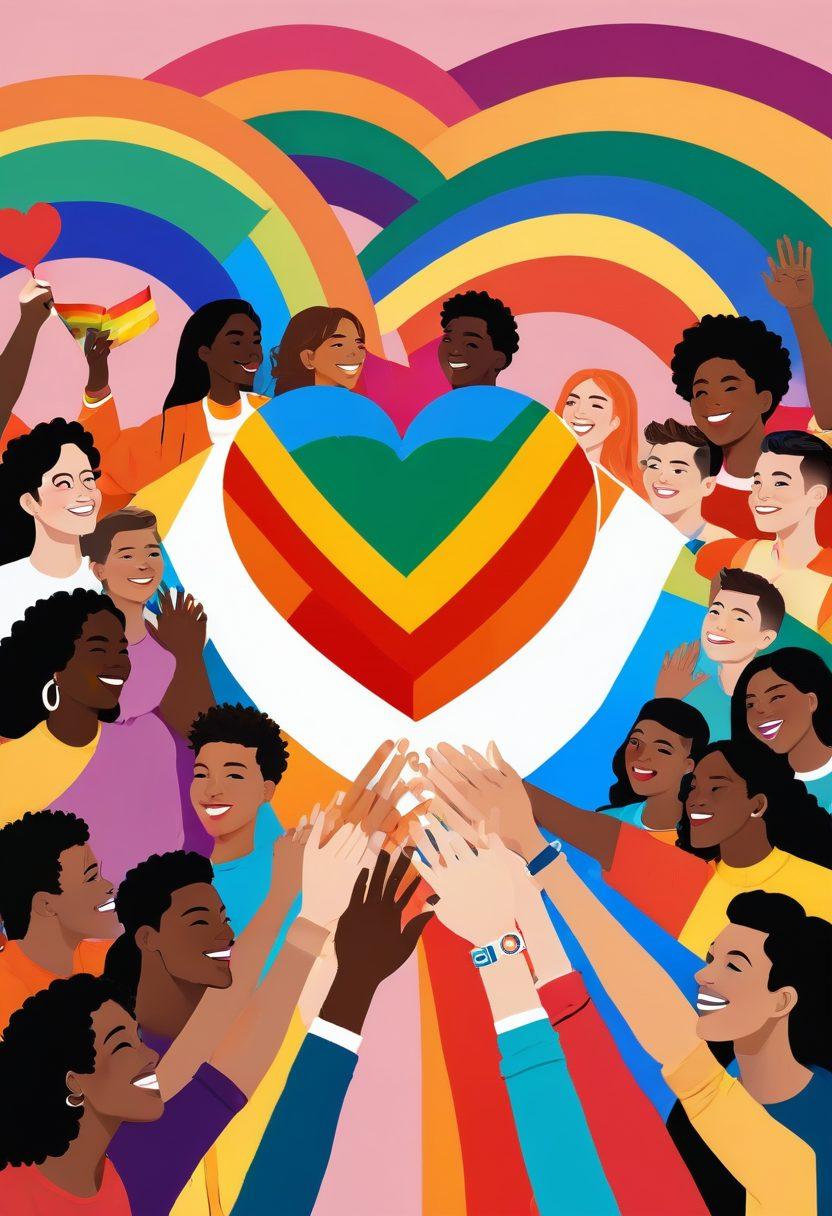 A vibrant illustration of a diverse group of LGBTQ+ individuals, united in a circle, holding hands and smiling passionately. The backdrop features a rainbow flag and symbols of love and advocacy, like a heart and a megaphone. Incorporate elements of warmth and community, highlighting the joy and strength in gay relationships. The color palette should be bold and eye-catching, capturing the essence of pride. vector art. vibrant colors.