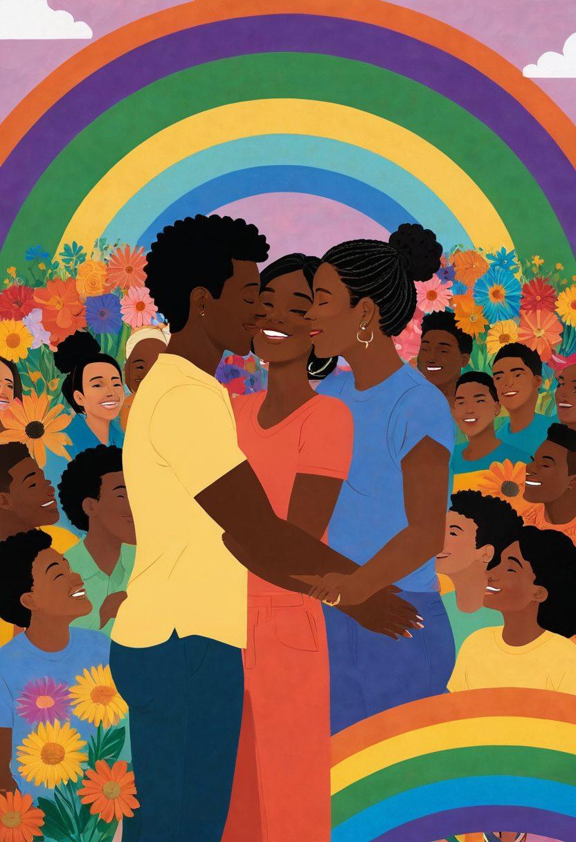 A vibrant collage showcasing diverse LGBTQ+ couples embracing each other against a backdrop of a rainbow flag. Include symbols of love and community, such as hearts, flowers, and supportive hands interlinked. The scene should be warm and inviting, filled with joy and connection, representing unity and acceptance. Emphasize inclusivity with various skin tones and gender expressions. bright colors. vector art.